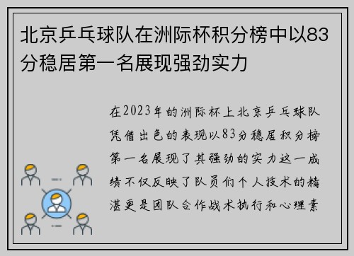 北京乒乓球队在洲际杯积分榜中以83分稳居第一名展现强劲实力