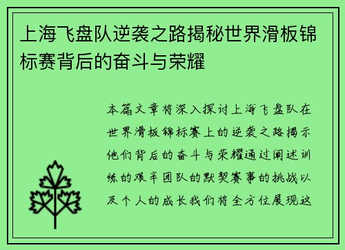 上海飞盘队逆袭之路揭秘世界滑板锦标赛背后的奋斗与荣耀