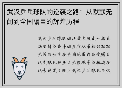 武汉乒乓球队的逆袭之路：从默默无闻到全国瞩目的辉煌历程