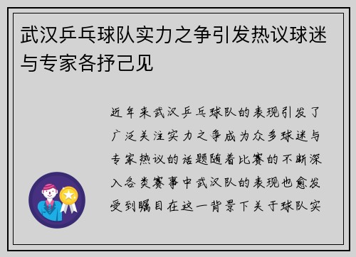 武汉乒乓球队实力之争引发热议球迷与专家各抒己见